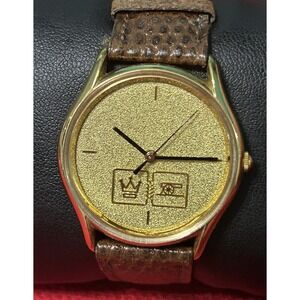 Vintage Jostens Quartz Watch Swiss Men Gold Tone Leather Band Works Tested